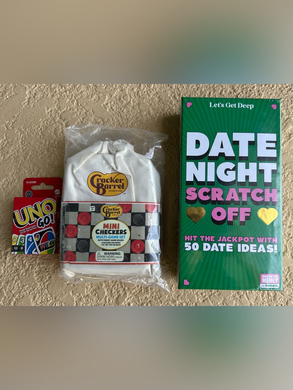 Date Night, Cracker Barrel Checkers, UNO Go - 3 Game Lot Brand New